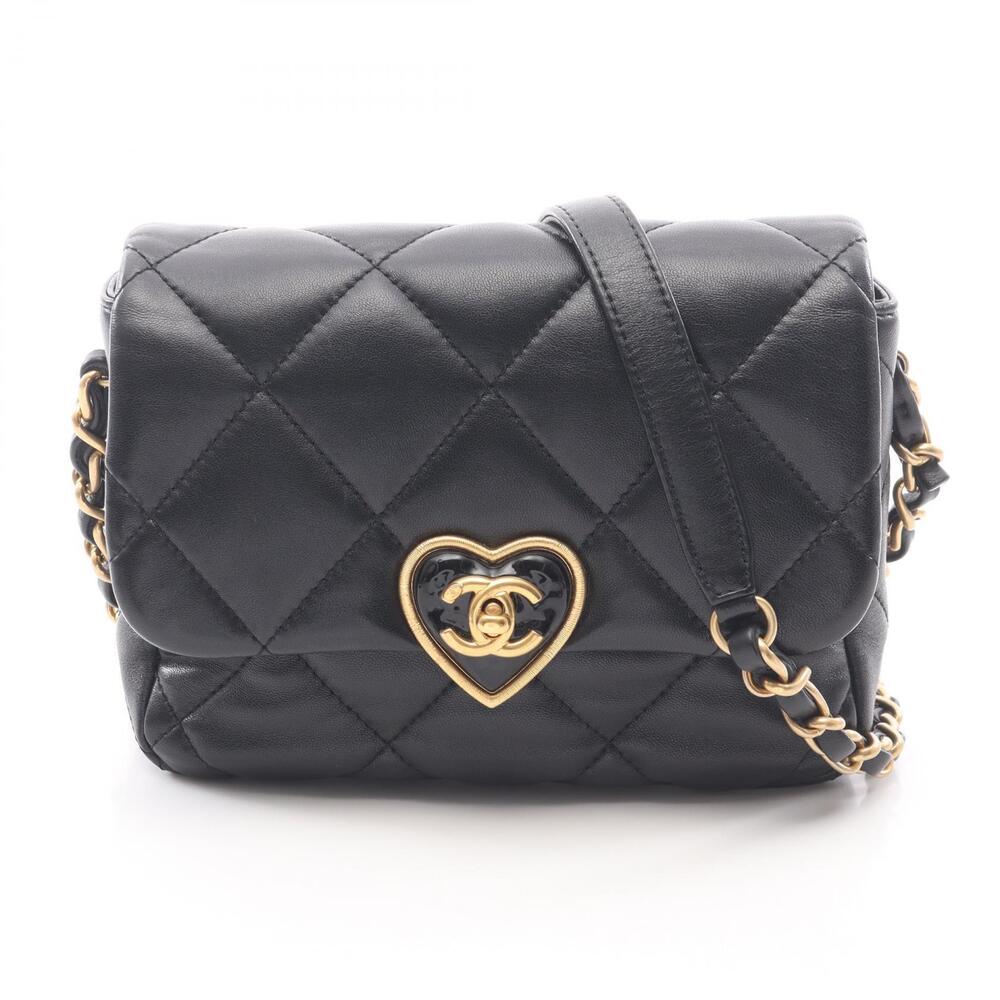 Chanel Matelasse Heart Lock Shoulder Bag Lambskin Sheepskin Black
